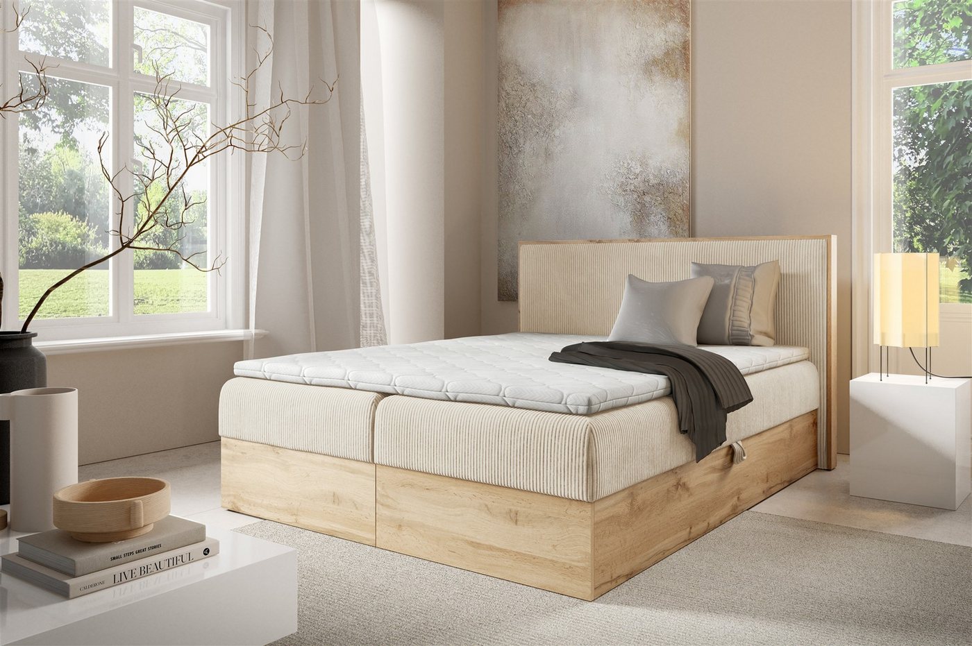Fun Möbel Boxbett Bett Schlafzimmerbett ROLAND PREMIUM in Stoff Lincoln (mit Bettkästen, auch in Überlänge), mt Taschenfederkernmatratze von Fun Möbel