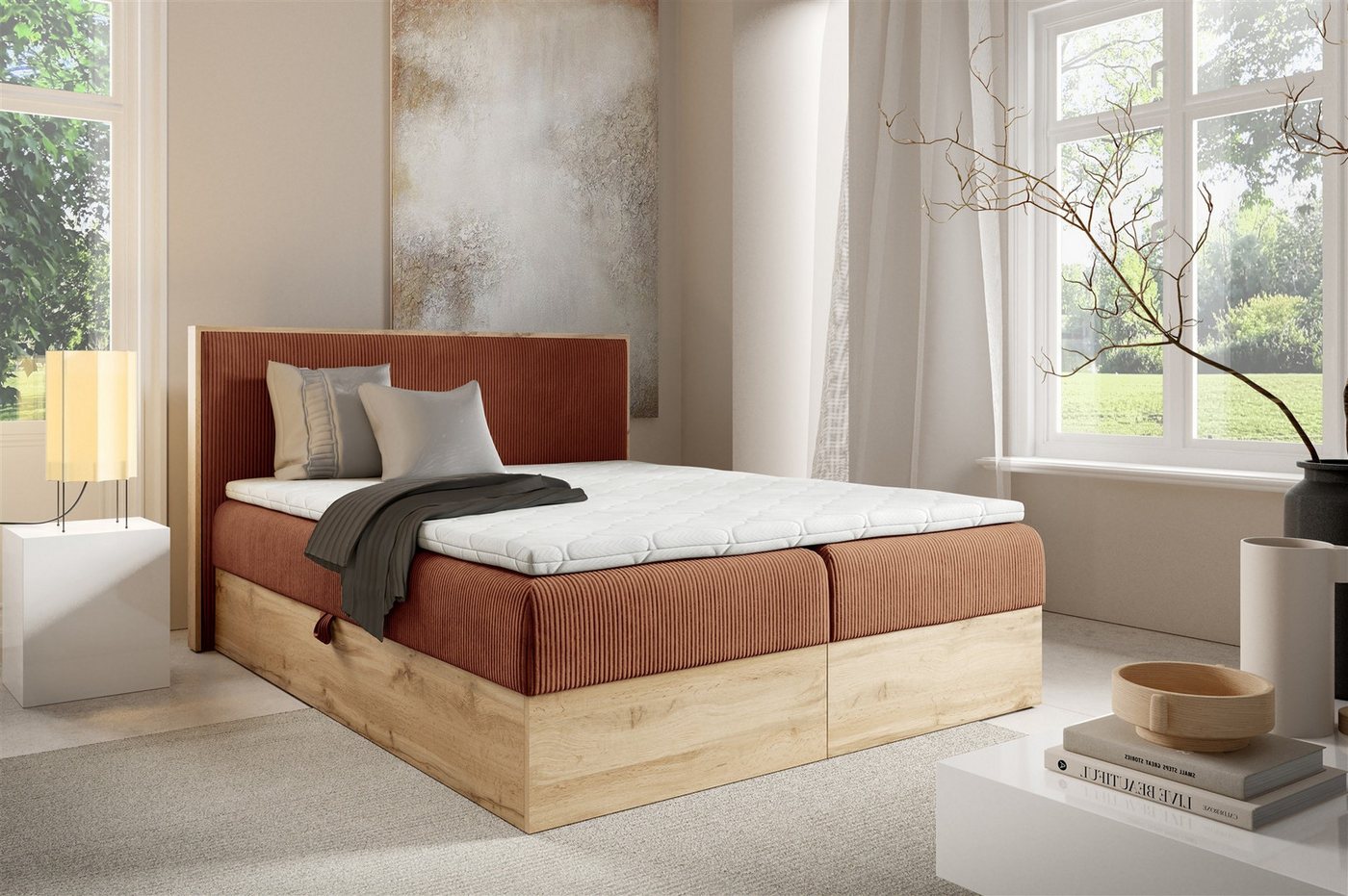 Fun Möbel Boxbett Bett Schlafzimmerbett ROLAND Überlänge in Stoff Lincoln (inkl. Bettkasten), mit Bonellfederkernmatratze von Fun Möbel