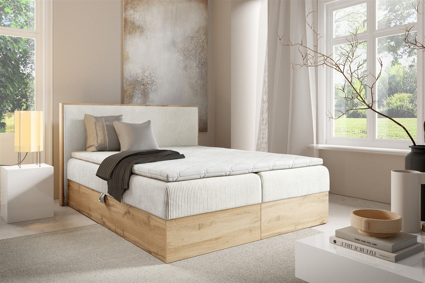 Fun Möbel Boxbett Bett Schlafzimmerbett ROLAND Überlänge in Stoff Lincoln (inkl. Bettkasten), mit Bonellfederkernmatratze von Fun Möbel