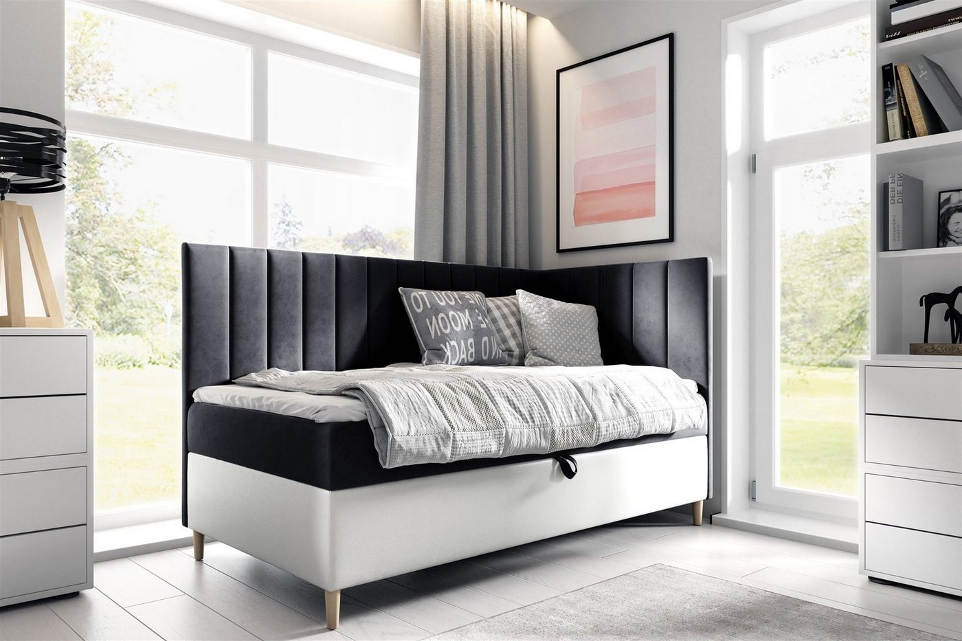 Fun Möbel Boxbett Gästebett Kinderbett HELVI Nr.3 (inkl. Bettkasten und Topper, Bettkastenseite frei wählbar), Kopf- und Seitenteil von Fun Möbel