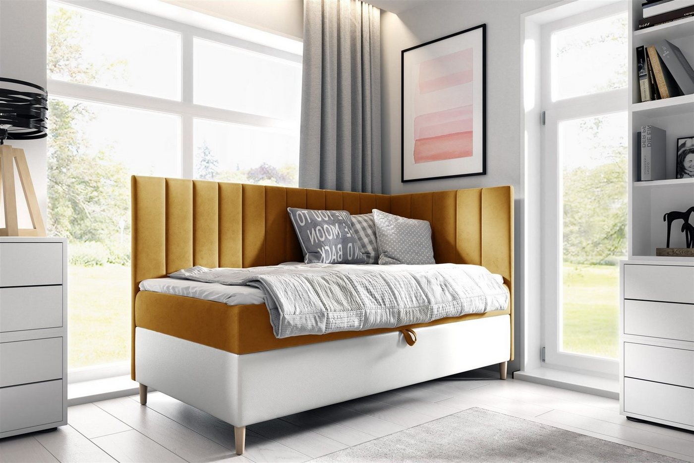 Fun Möbel Boxbett Gästebett Kinderbett HELVI Nr.3 (inkl. Bettkasten und Topper, Bettkastenseite frei wählbar), Kopf- und Seitenteil von Fun Möbel