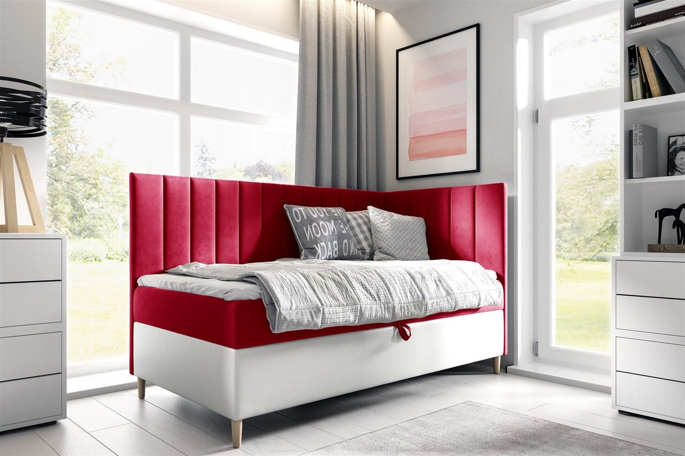 Fun Möbel Boxbett Gästebett Kinderbett HELVI Nr.3 (inkl. Bettkasten und Topper, Bettkastenseite frei wählbar), Kopf- und Seitenteil von Fun Möbel