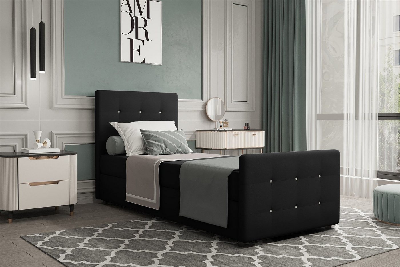 Fun Möbel Boxbett Gästebett MARKOS in Stoff Soro (Liegefläche in Stoff und Farbe des Bettes, inkl. Bettkasten ohne Topper), Strasssteine in Kopf- und Fußteil von Fun Möbel