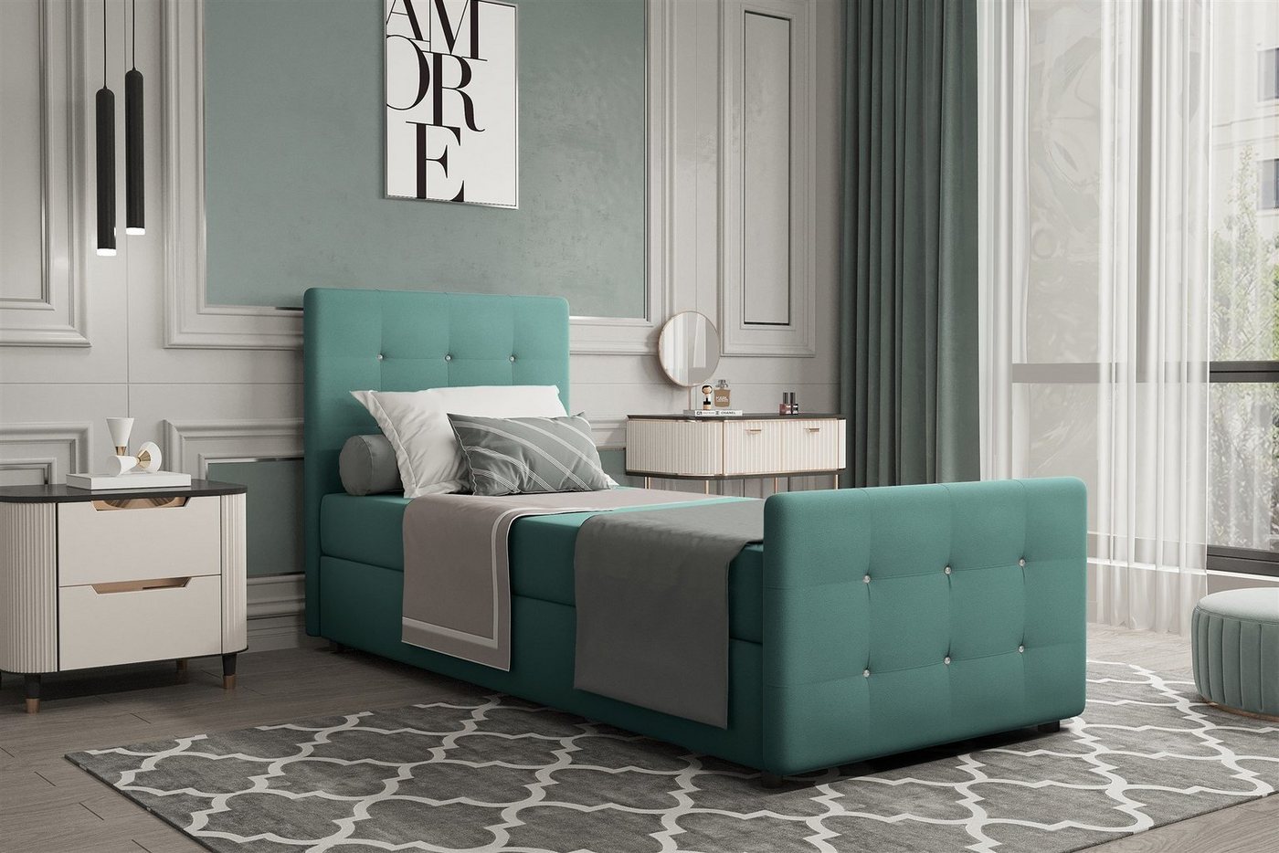 Fun Möbel Boxbett Gästebett MARKOS in Stoff Soro (Liegefläche in Stoff und Farbe des Bettes, inkl. Bettkasten ohne Topper), Strasssteine in Kopf- und Fußteil von Fun Möbel