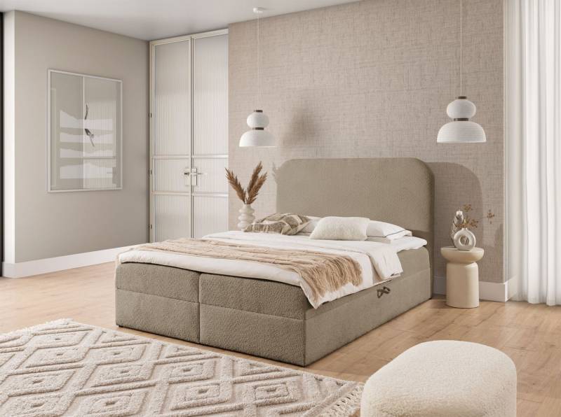 Fun Möbel Boxbett Schlafzimmerbett AMADOR PREMIUM Stoff Coral (Inkl. Bettkasten), Hochwertiger Viscoschaum-Topper von Fun Möbel