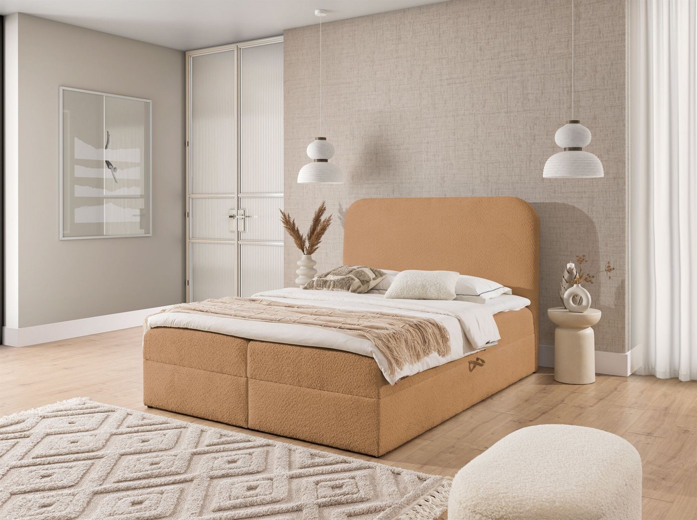 Fun Möbel Boxbett Schlafzimmerbett AMADOR PREMIUM Stoff Coral (Inkl. Bettkasten), Hochwertiger Viscoschaum-Topper von Fun Möbel