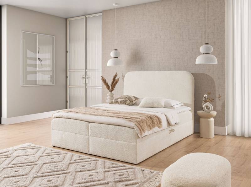 Fun Möbel Boxbett Schlafzimmerbett AMADOR Stoff Coral, inkl. Bettkasten, inkl. Topper von Fun Möbel