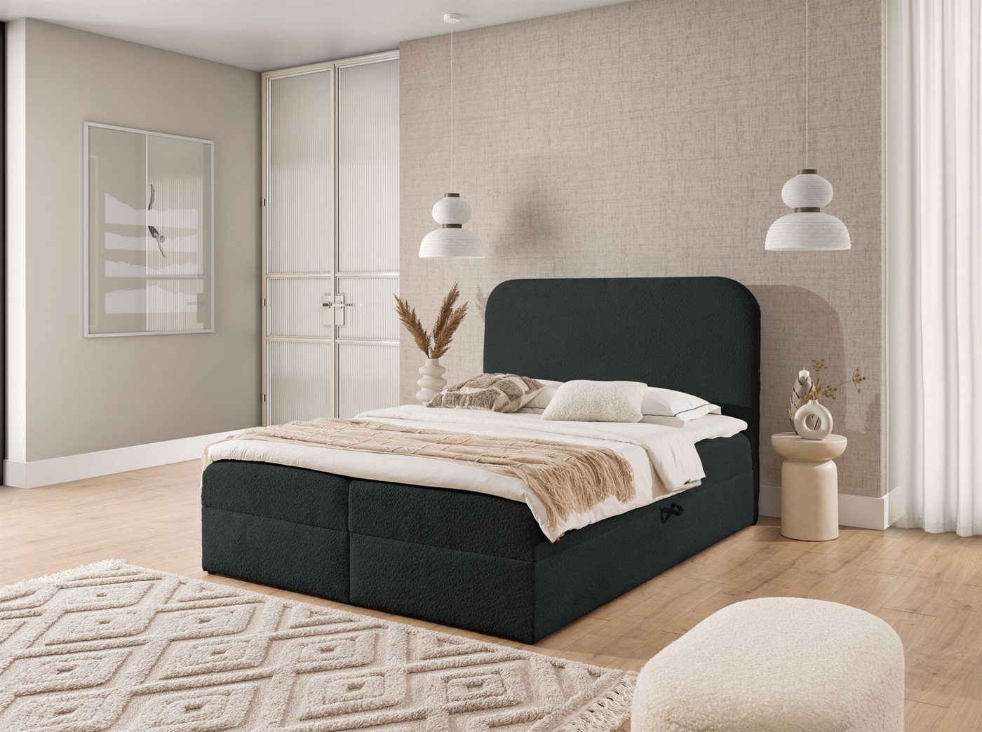 Fun Möbel Boxbett Schlafzimmerbett AMADOR Überlänge Stoff Coral, Inkl. Bettkasten und Topper von Fun Möbel
