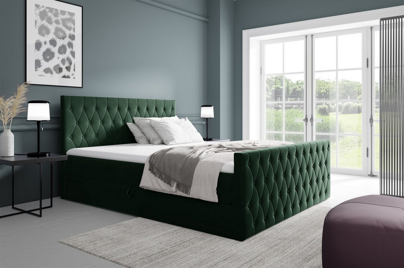 Fun Möbel Boxbett Schlafzimmerbett ASHER Premium Überlänge Stoff Fresh (inkl. Viscoschaumtopper, mit Taschenfederkernmatratze), inkl. Bettkasten von Fun Möbel