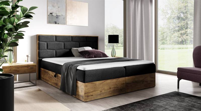 Fun Möbel Boxbett Schlafzimmerbett BEILA Überlänge in Stoff Faro (auch in Standardlänge erhältlich, Inkl. Bettkästen und Topper), Lancelot-Eiche-Optik von Fun Möbel