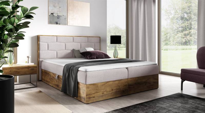 Fun Möbel Boxbett Schlafzimmerbett BEILA Überlänge in Stoff Faro (auch in Standardlänge erhältlich, Inkl. Bettkästen und Topper), Lancelot-Eiche-Optik von Fun Möbel