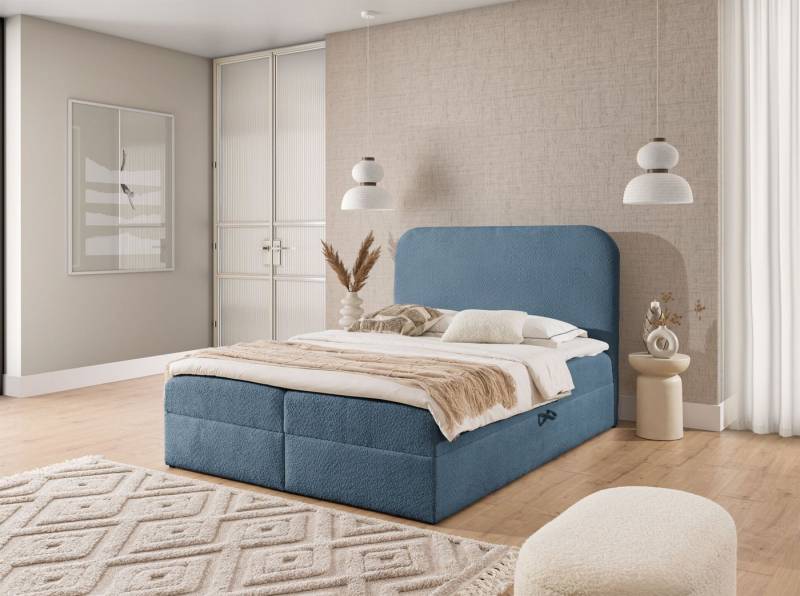 Fun Möbel Boxbett Schlafzimmerbett BINETA PREMIUM Überlänge Stoff Coral (inkl. Bettkasten), Hochwertiger Viscoschaum-Topper von Fun Möbel