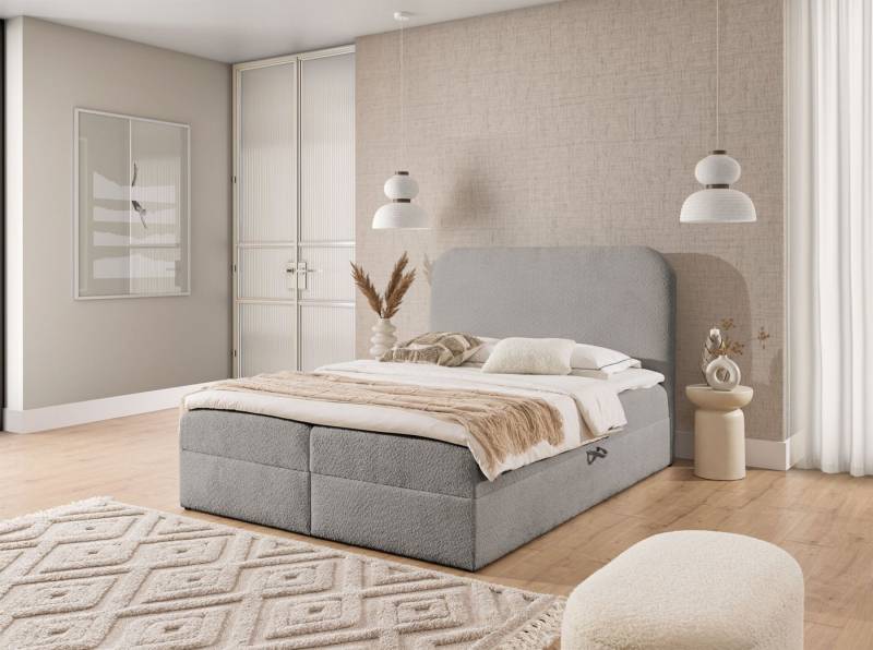 Fun Möbel Boxbett Schlafzimmerbett BINETA PREMIUM Überlänge Stoff Coral (inkl. Bettkasten), Hochwertiger Viscoschaum-Topper von Fun Möbel