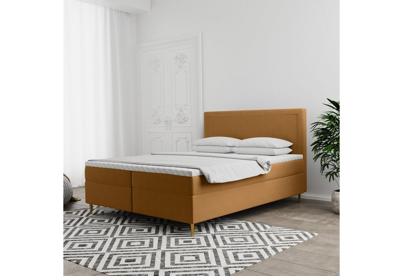 Fun Möbel Boxbett Schlafzimmerbett Bett LUCIEN Überlänge (220cm) in Stoff Soro (Füße Metall (Farbe: Gold), inkl Topper und Bettkasten), Kopfteil mit Nieten (Farbe: Gold) von Fun Möbel