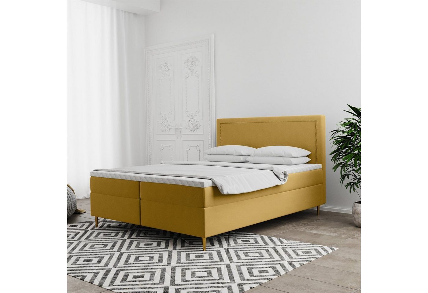 Fun Möbel Boxbett Schlafzimmerbett Bett LUCIEN in Stoff Soro (Füße Metall (Farbe: Gold), inkl Topper und Bettkasten), Kopfteil mit Nieten (Farbe: Gold) von Fun Möbel
