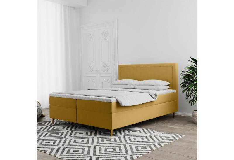 Fun Möbel Boxbett Schlafzimmerbett Bett LUCIEN in Stoff Soro (Füße Metall (Farbe: Gold), inkl Topper und Bettkasten), Kopfteil mit Nieten (Farbe: Gold) von Fun Möbel