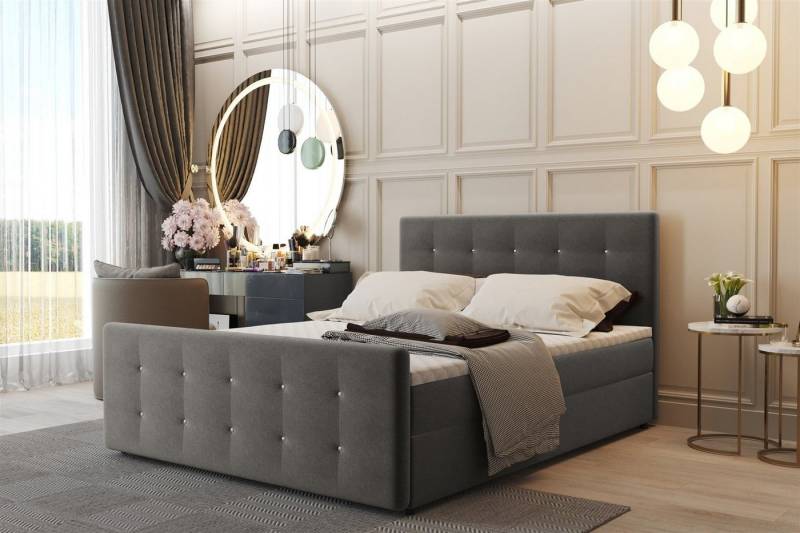 Fun Möbel Boxbett Schlafzimmerbett CARLOS Überlänge (220cm) in Stoff Soro (Stoff Soro, Inkl. Kaltschaum-Topper), Kopfteil und Fußteil mit Strasssteinen besetzt von Fun Möbel