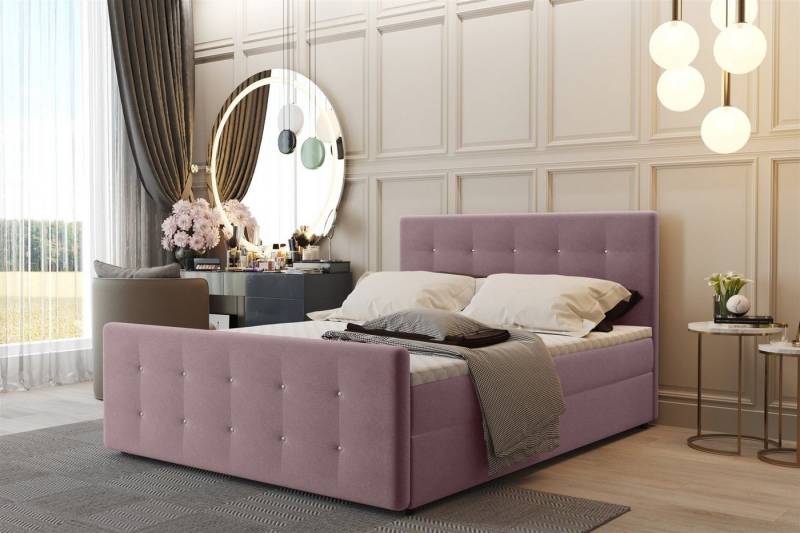 Fun Möbel Boxbett Schlafzimmerbett CARLOS Überlänge (220cm) in Stoff Soro (Stoff Soro, Inkl. Kaltschaum-Topper), Kopfteil und Fußteil mit Strasssteinen besetzt von Fun Möbel