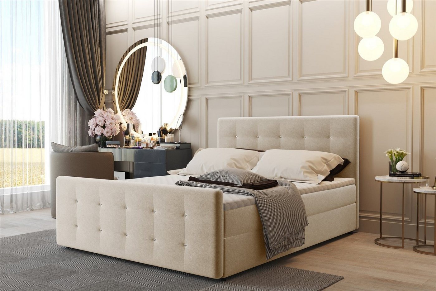 Fun Möbel Boxbett Schlafzimmerbett CARLOS Überlänge in Stoff Cosmic (inkl. Bettkasten, inkl. Kaltschaumtopper), gepolstertes Fußteil von Fun Möbel