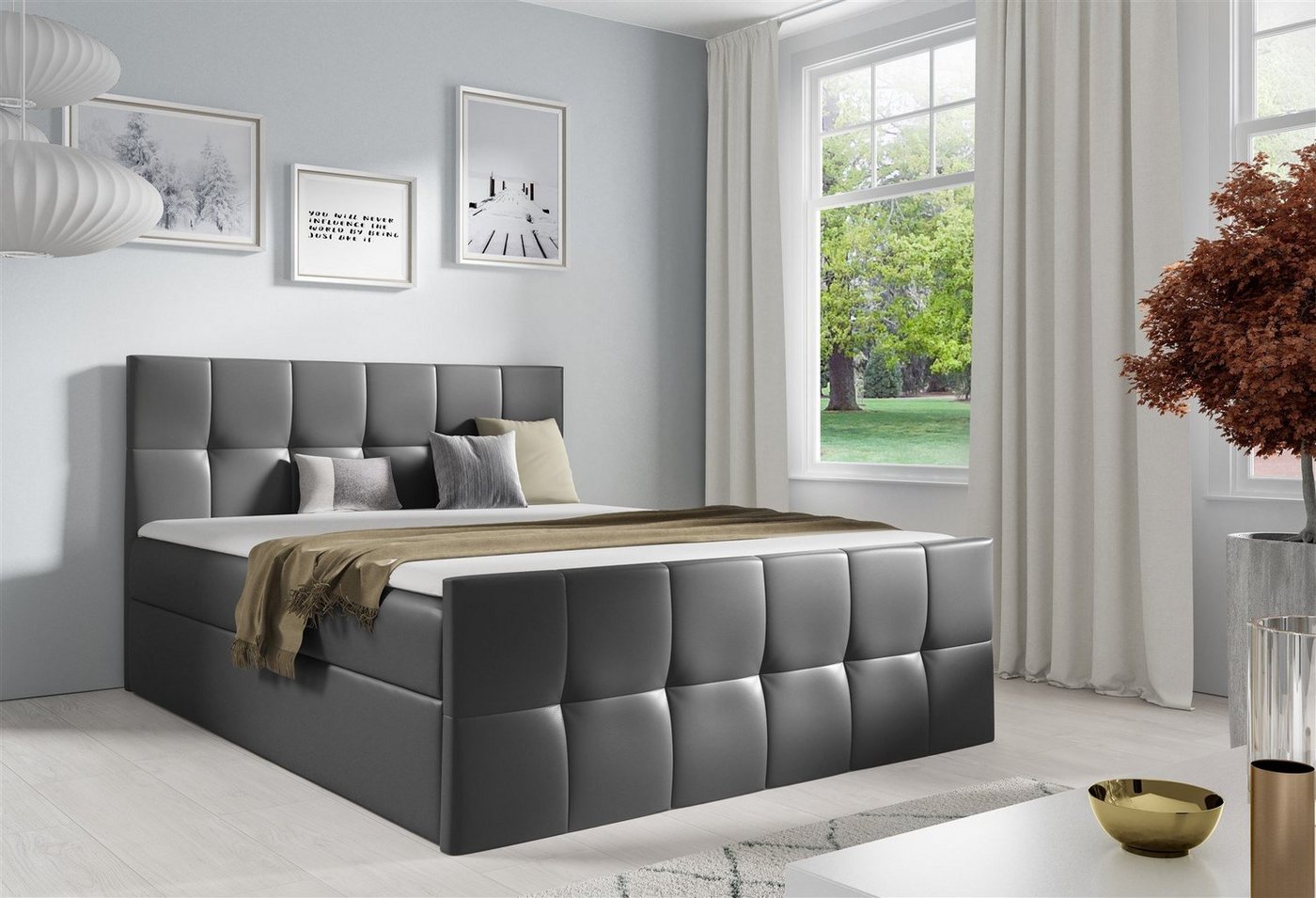 Fun Möbel Boxbett Schlafzimmerbett CARMEN LUX Überlänge Kunstleder (220 cm) (Gepolstertes Kopfteil und Fußteil), Inkl. Bettkasten und Topper von Fun Möbel