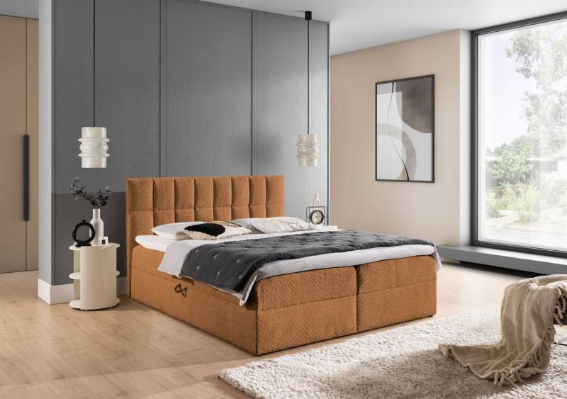 Fun Möbel Boxbett Schlafzimmerbett DOMINGA PREMIUM Überlänge Stoff Coral (inkl. Bettkasten, inkl. Taschenfederkernmatratze), inkl. Visco-Topper, 220cm Liegenflächenlänge von Fun Möbel