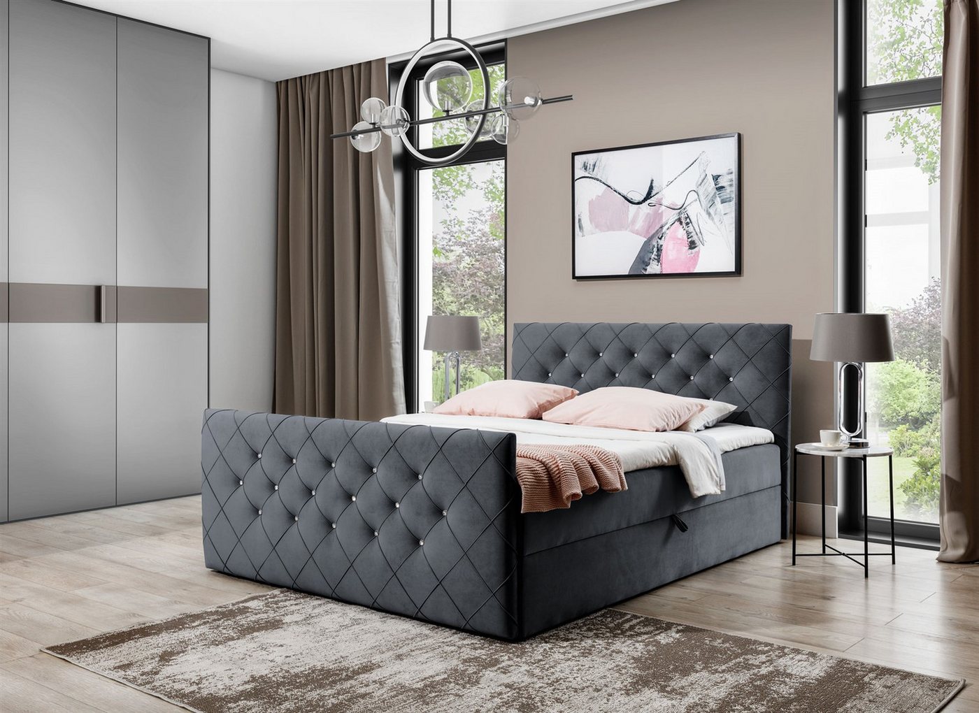 Fun Möbel Boxbett Schlafzimmerbett FUN ANDREN Stoff Magic Velvet (Kopfteil und Fußteil mit Strasssteinen besetzt, Erhältlich auch in der Überlänge 220 cm), Inkl. Bettkasten und Topper von Fun Möbel