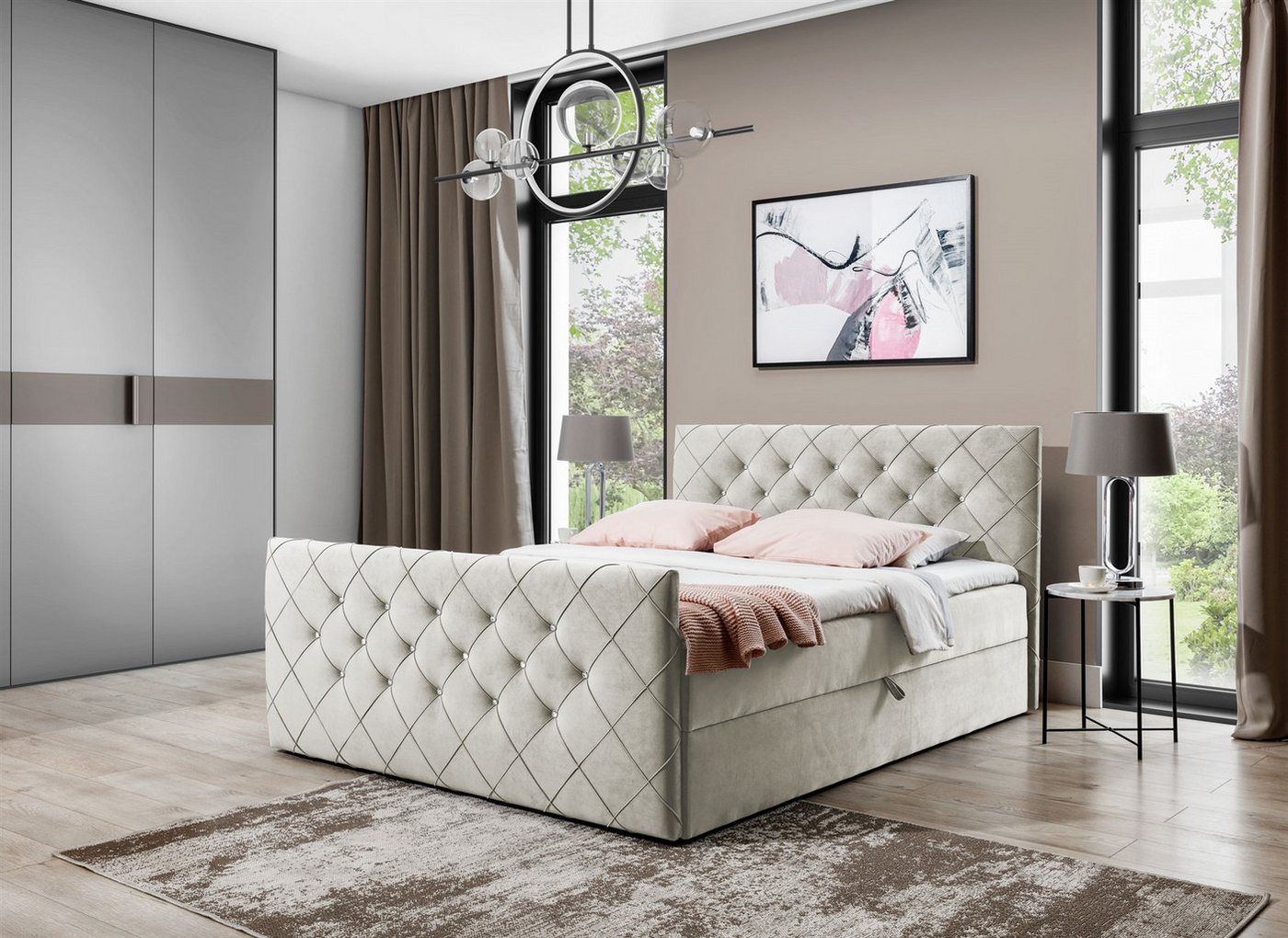 Fun Möbel Boxbett Schlafzimmerbett FUN ANDREN Stoff Magic Velvet (Kopfteil und Fußteil mit Strasssteinen besetzt, Erhältlich auch in der Überlänge 220 cm), Inkl. Bettkasten und Topper von Fun Möbel