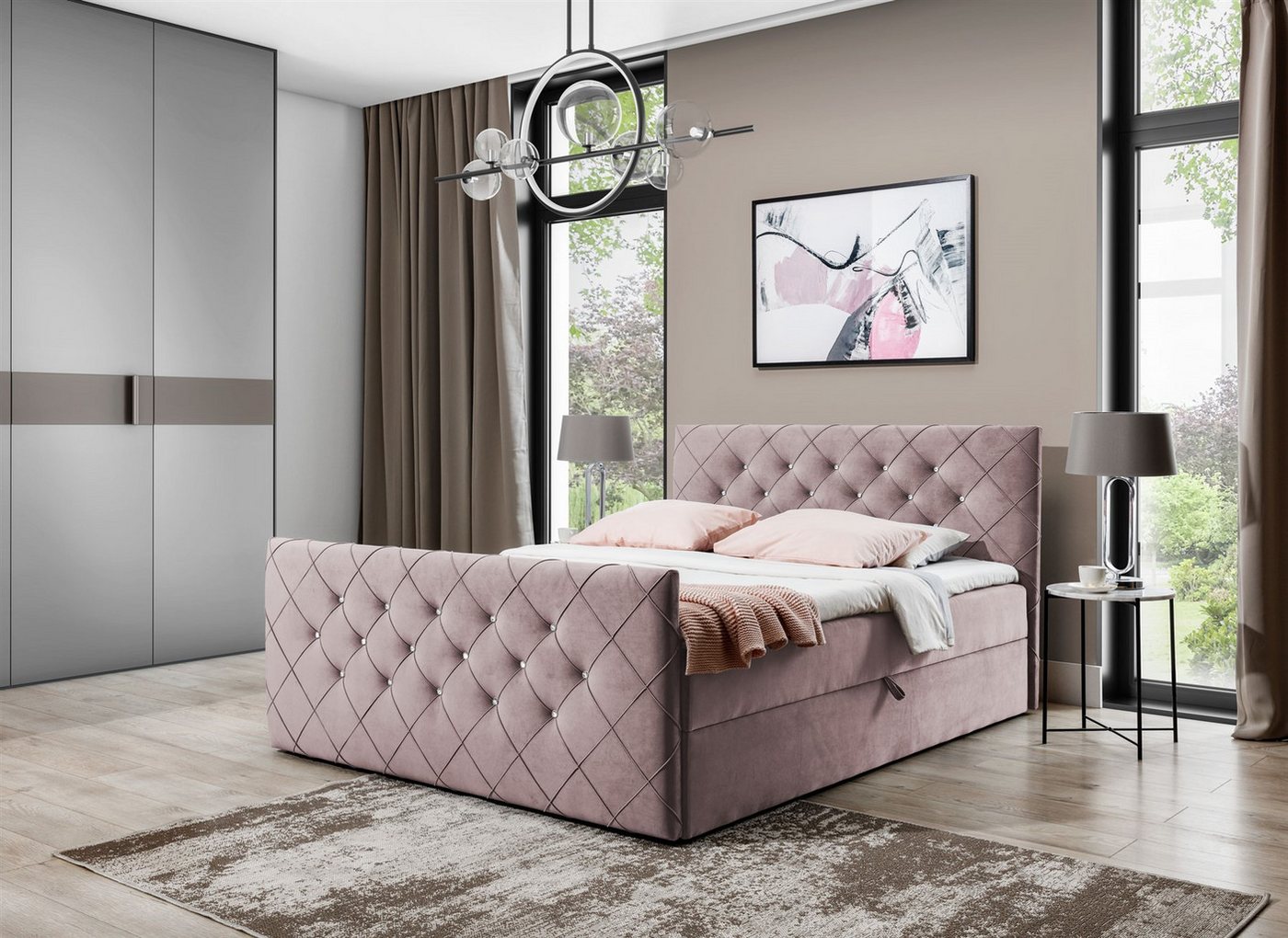 Fun Möbel Boxbett Schlafzimmerbett FUN ANDREN Stoff Magic Velvet (Kopfteil und Fußteil mit Strasssteinen besetzt, Erhältlich auch in der Überlänge 220 cm), Inkl. Bettkasten und Topper von Fun Möbel