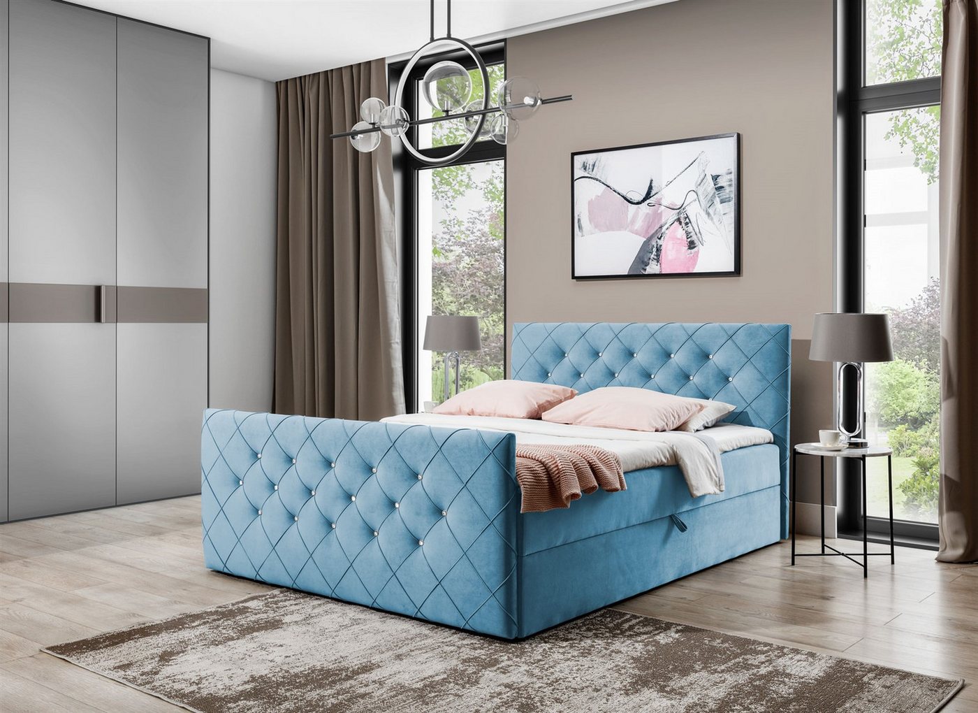 Fun Möbel Boxbett Schlafzimmerbett FUN ANDREN Stoff Magic Velvet (Kopfteil und Fußteil mit Strasssteinen besetzt, Erhältlich auch in der Überlänge 220 cm), Inkl. Bettkasten und Topper von Fun Möbel