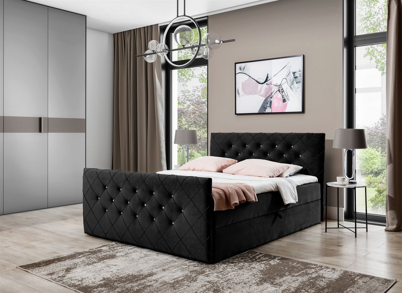 Fun Möbel Boxbett Schlafzimmerbett FUN ANDREN Überlänge Stoff Magic Velvet (Kopfteil und Fußteil mit Strasssteinen besetzt, Erhältlich auch in der Länge 200 cm), Inkl. Bettkasten und Topper von Fun Möbel
