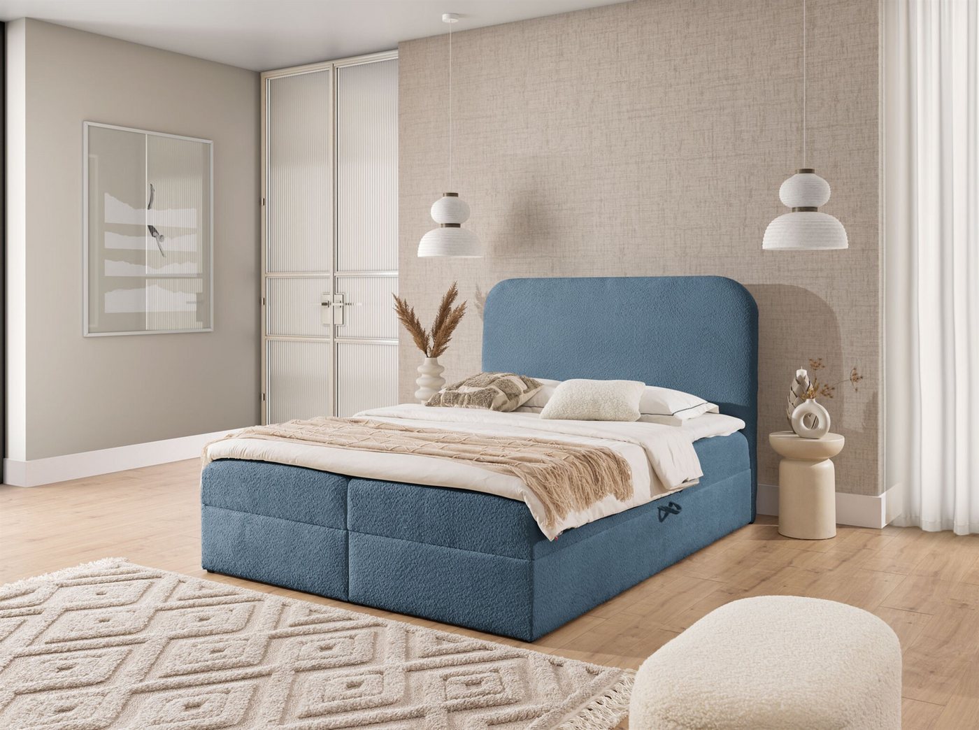 Fun Möbel Boxbett Schlafzimmerbett FUN DANIKO PREMIUM Überlänge Stoff Coral (Gepolstertes Kopfteil), Inkl. Bettkasten und Topper von Fun Möbel