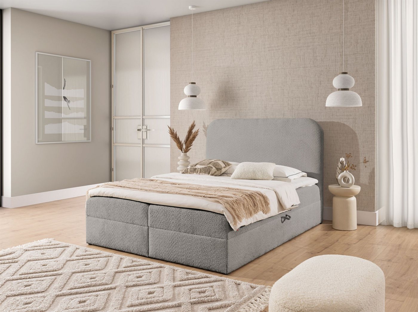 Fun Möbel Boxbett Schlafzimmerbett FUN DANIKO PREMIUM Überlänge Stoff Coral (Gepolstertes Kopfteil), Inkl. Bettkasten und Topper von Fun Möbel