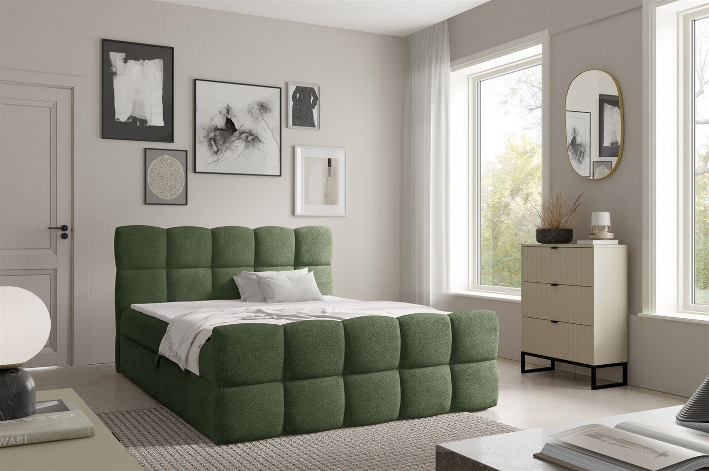 Fun Möbel Boxbett Schlafzimmerbett FUN DENIN PREMIUM Überlänge Stoff Coral (220cm) (inkl. Viscoschaumtopper, inkl. Taschenfederkernmatratze), inkl. Bettkasten von Fun Möbel