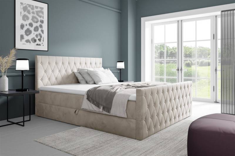 Fun Möbel Boxbett Schlafzimmerbett FUN EVAN Premium Stoff Fresh (inkl. Viscoschaumtopper, mit Taschenfederkernmatratze), inkl. Bettkasten von Fun Möbel