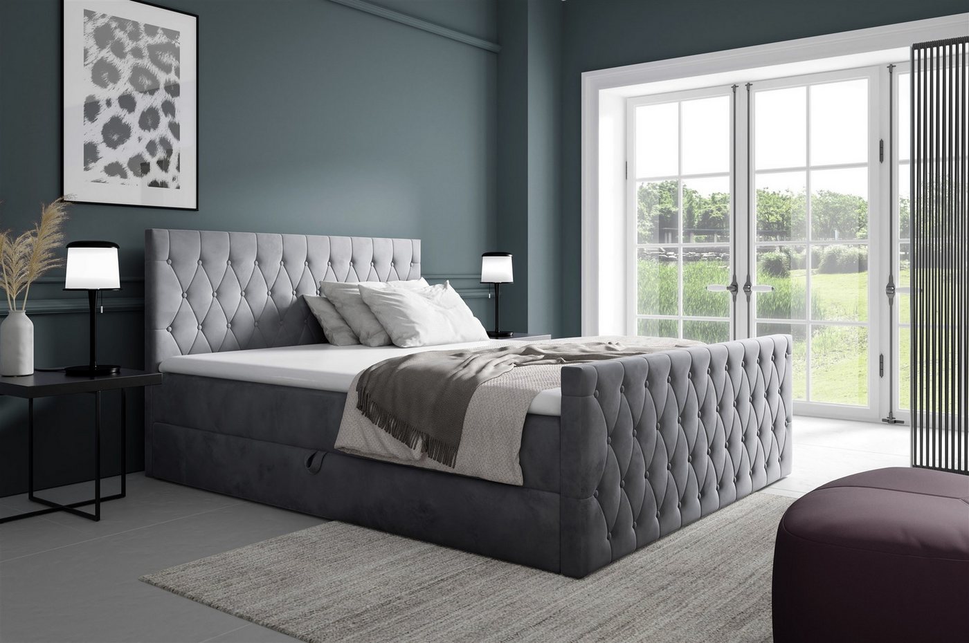 Fun Möbel Boxbett Schlafzimmerbett FUN EVAN Premium Überlänge Stoff Fresh (inkl. Viscoschaumtopper, mit Taschenfederkernmatratze), inkl. Bettkasten von Fun Möbel