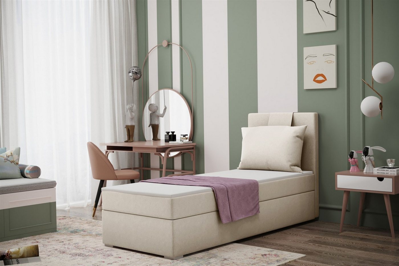 Fun Möbel Boxbett Schlafzimmerbett Gästebett SALMA in Stoff Soro (Inkl. Bettkasten rechts oder links, Inkl. Topper), Rückenkissen am Kopfteil von Fun Möbel