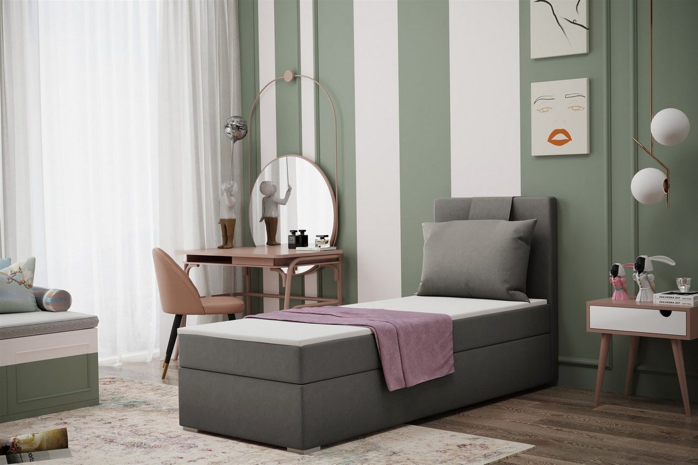 Fun Möbel Boxbett Schlafzimmerbett Gästebett SALMA in Stoff Soro (Inkl. Bettkasten rechts oder links, Inkl. Topper), Rückenkissen am Kopfteil von Fun Möbel