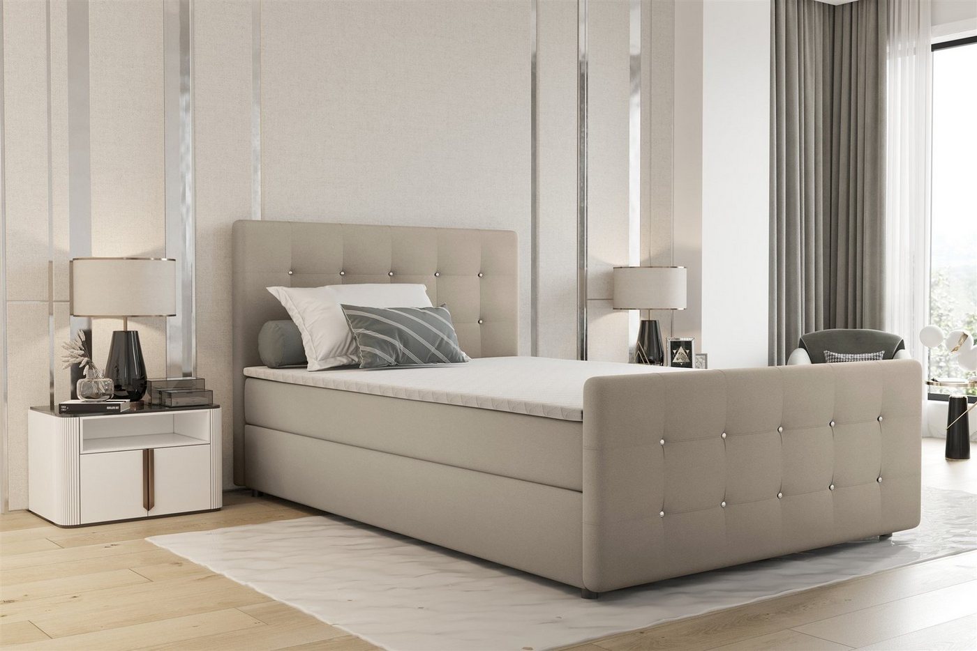 Fun Möbel Boxbett Schlafzimmerbett MARKOS in Stoff Soro (Liegefläche in Stoff und Farbe des Bettes, inkl. Bettkästen und Topper), Strasssteine in Kopf- und Fußteil von Fun Möbel