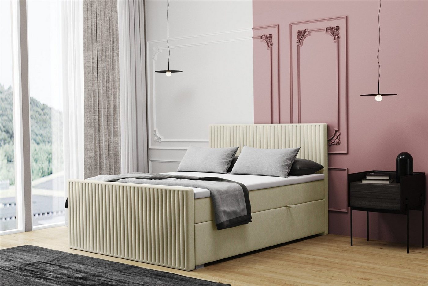 Fun Möbel Boxbett Schlafzimmerbett MONTY in Stoff Matt Velvet (Kopfteil und Fußteil Gepolstertes, inkl. Bettkasten), Inkl. Topper von Fun Möbel