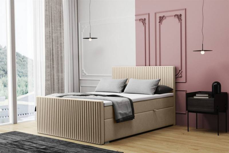 Fun Möbel Boxbett Schlafzimmerbett MONTY in Stoff Monolith (Kopfteil und Fußteil Gepolstert, inkl. Bettkasten), Inkl. Topper von Fun Möbel