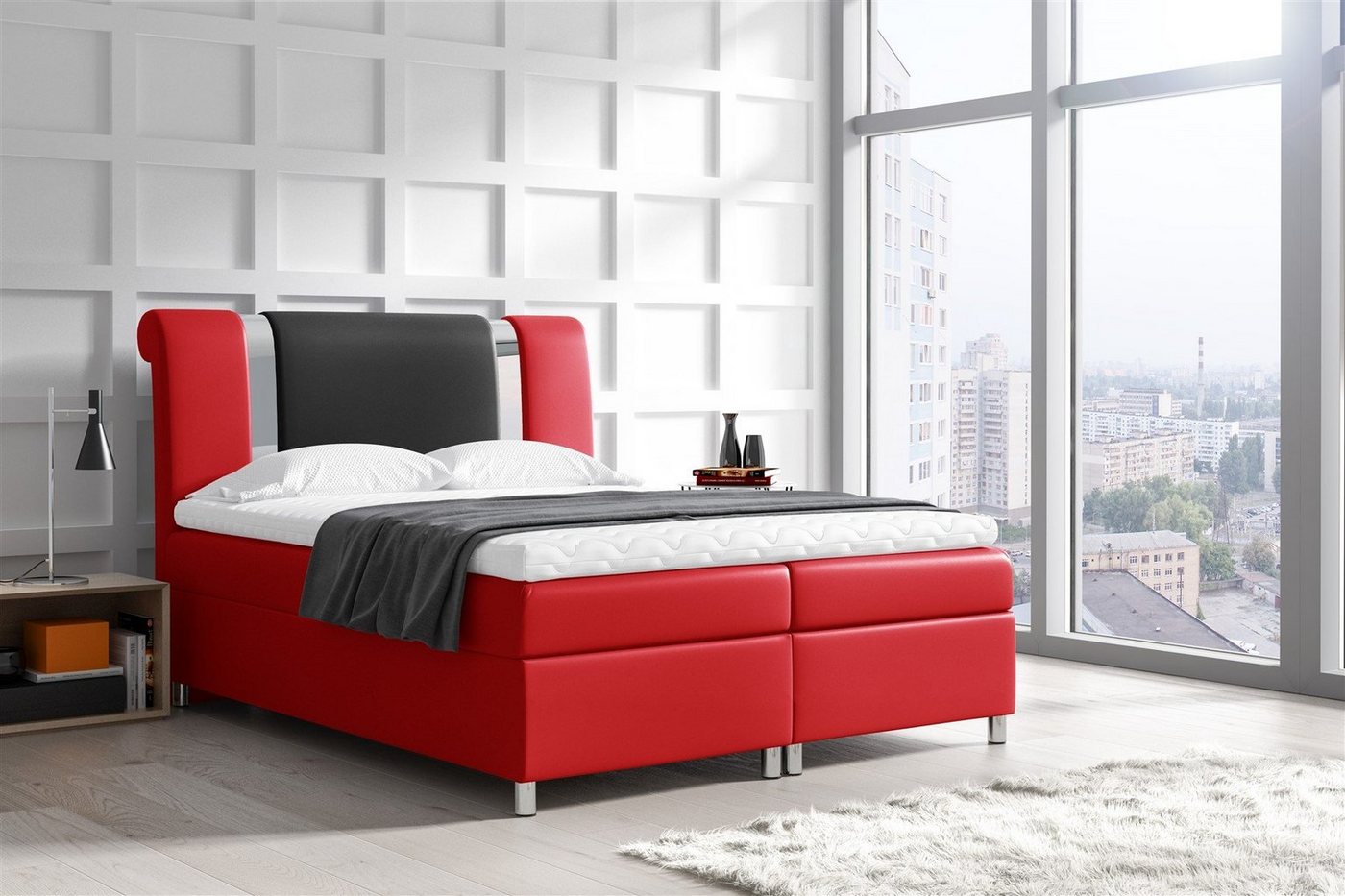Fun Möbel Boxbett Schlafzimmerbett NATHAN Kunstleder Rot/Schwarz (inkl. Bettkasten, 1-St., inkl. Kaltschaumtopper), inkl. Topper von Fun Möbel