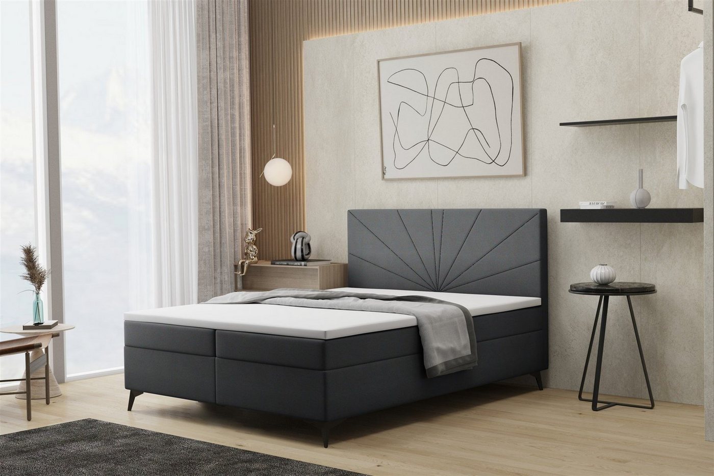 Fun Möbel Boxbett Schlafzimmerbett PONCE in Überlänge in Stoff (inkl. Bettkasten, inkl. Kaltschaumtopper), Überlänge 220cm von Fun Möbel