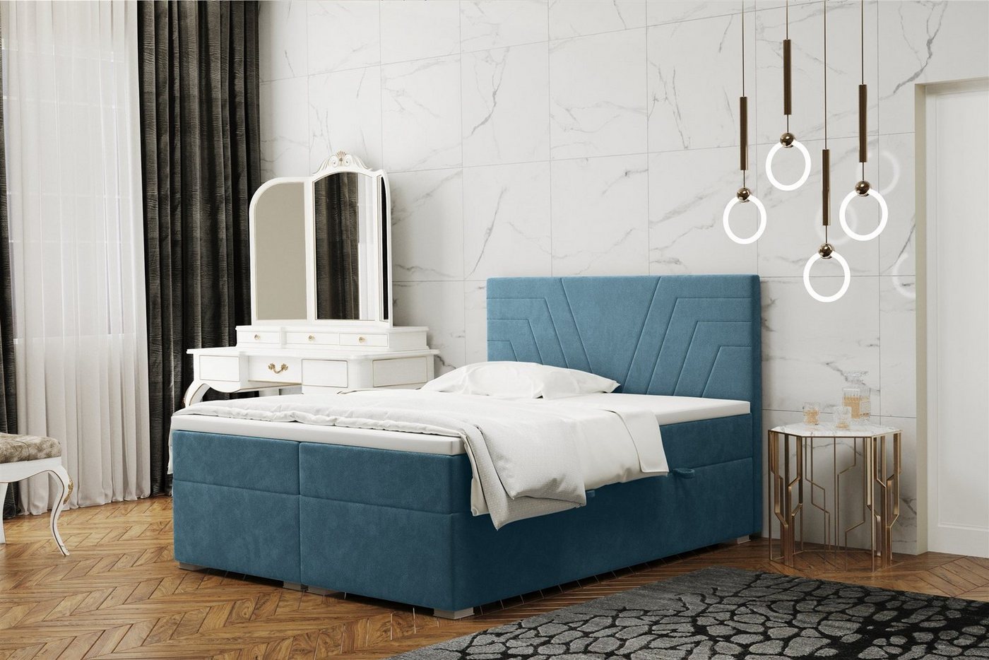 Fun Möbel Boxbett Schlafzimmerbett RAMON Überlänge in Stoff Matt Velvet (inkl. Topper und Bettkästen, auch in Standardlänge erhältlich), Gestepptes Kopfteil von Fun Möbel