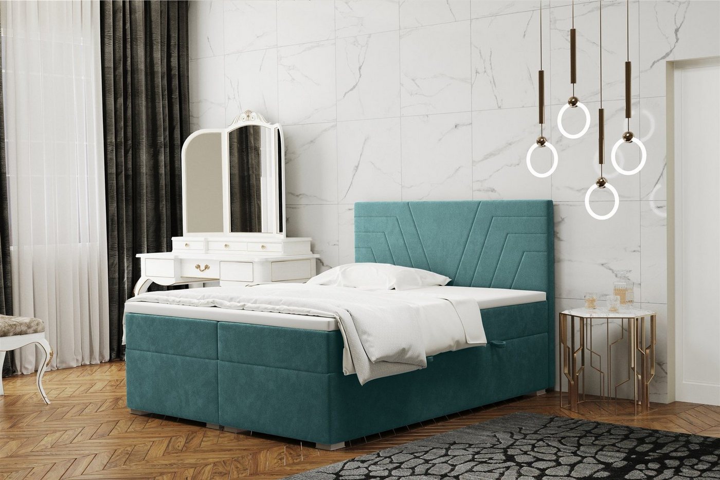 Fun Möbel Boxbett Schlafzimmerbett RAMON Überlänge in Stoff Matt Velvet (inkl. Topper und Bettkästen, auch in Standardlänge erhältlich), Gestepptes Kopfteil von Fun Möbel