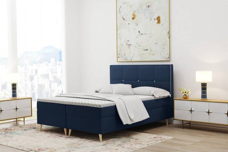Fun Möbel Boxbett Schlafzimmerbett RENAN in Stoff Riviera (inkl. Topper und Bettkästen, auch in Überlänge erhältlich), Kopfteil mit kontrastfarbigem Saum und Knöpfen von Fun Möbel