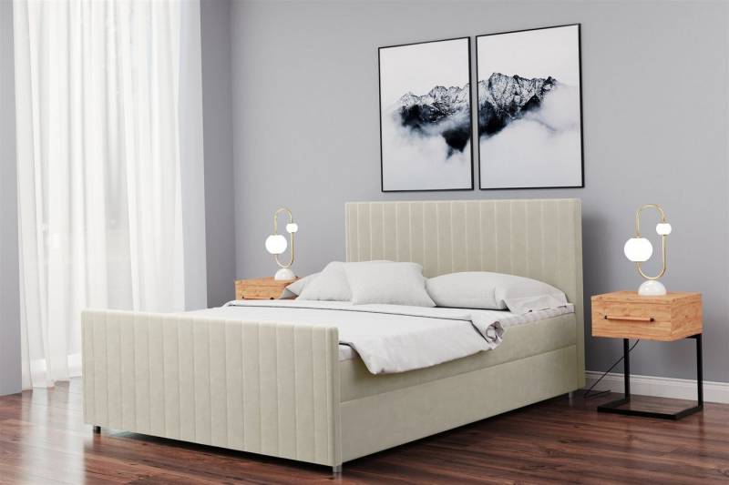 Fun Möbel Boxbett Schlafzimmerbett ROSALIE in Stoff Matt Velvet (inkl. Topper und Bettkästen, auch in Überlänge erhältlich), gepolstertes und gestepptes Kopf- und Fußteil von Fun Möbel