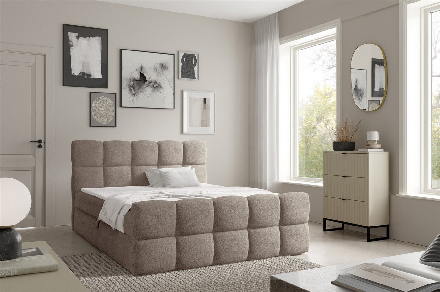 Fun Möbel Boxbett Schlafzimmerbett SATINE PREMIUM Stoff Coral (inkl. Viscoschaumtopper, inkl. Taschenfederkernmatratze), inkl. Bettkasten von Fun Möbel