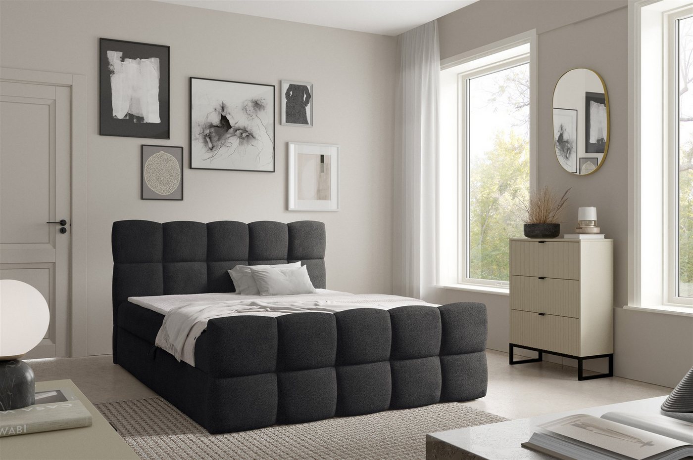 Fun Möbel Boxbett Schlafzimmerbett SATINE Überlänge Stoff Coral (220cm) (inkl. Kaltschaumtopper, inkl. Bonellfederkernmatratze), inkl. Bettkasten von Fun Möbel