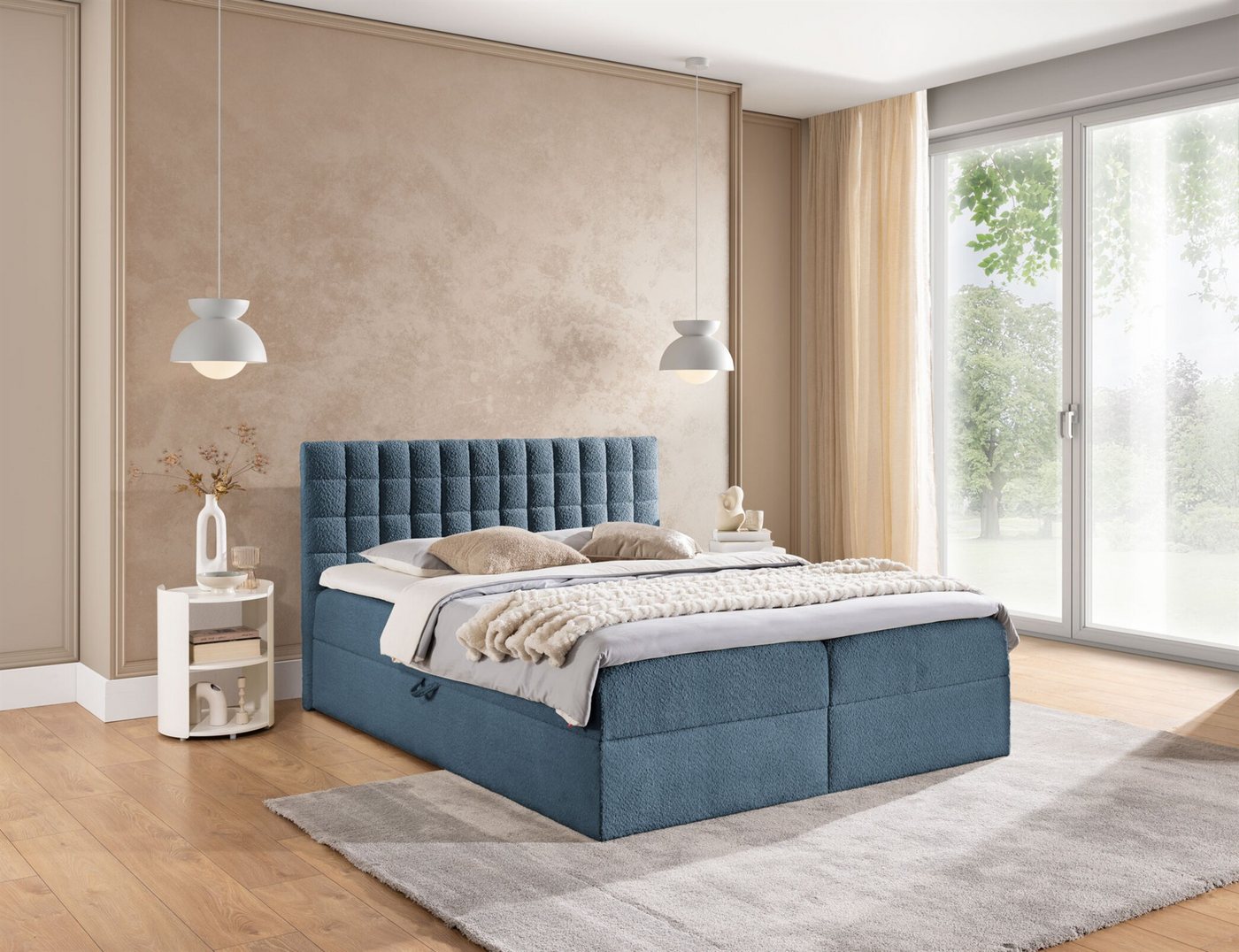 Fun Möbel Boxbett Schlafzimmerbett TORIBO PREMIUM Stoff Coral (inkl. Bettkasten, inkl. Taschenfederkernmatratze), inkl. Viscoschaum-Topper von Fun Möbel