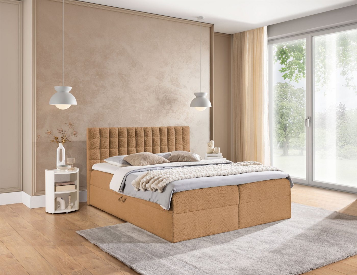 Fun Möbel Boxbett Schlafzimmerbett TORIBO PREMIUM Stoff Coral (inkl. Bettkasten, inkl. Taschenfederkernmatratze), inkl. Viscoschaum-Topper von Fun Möbel